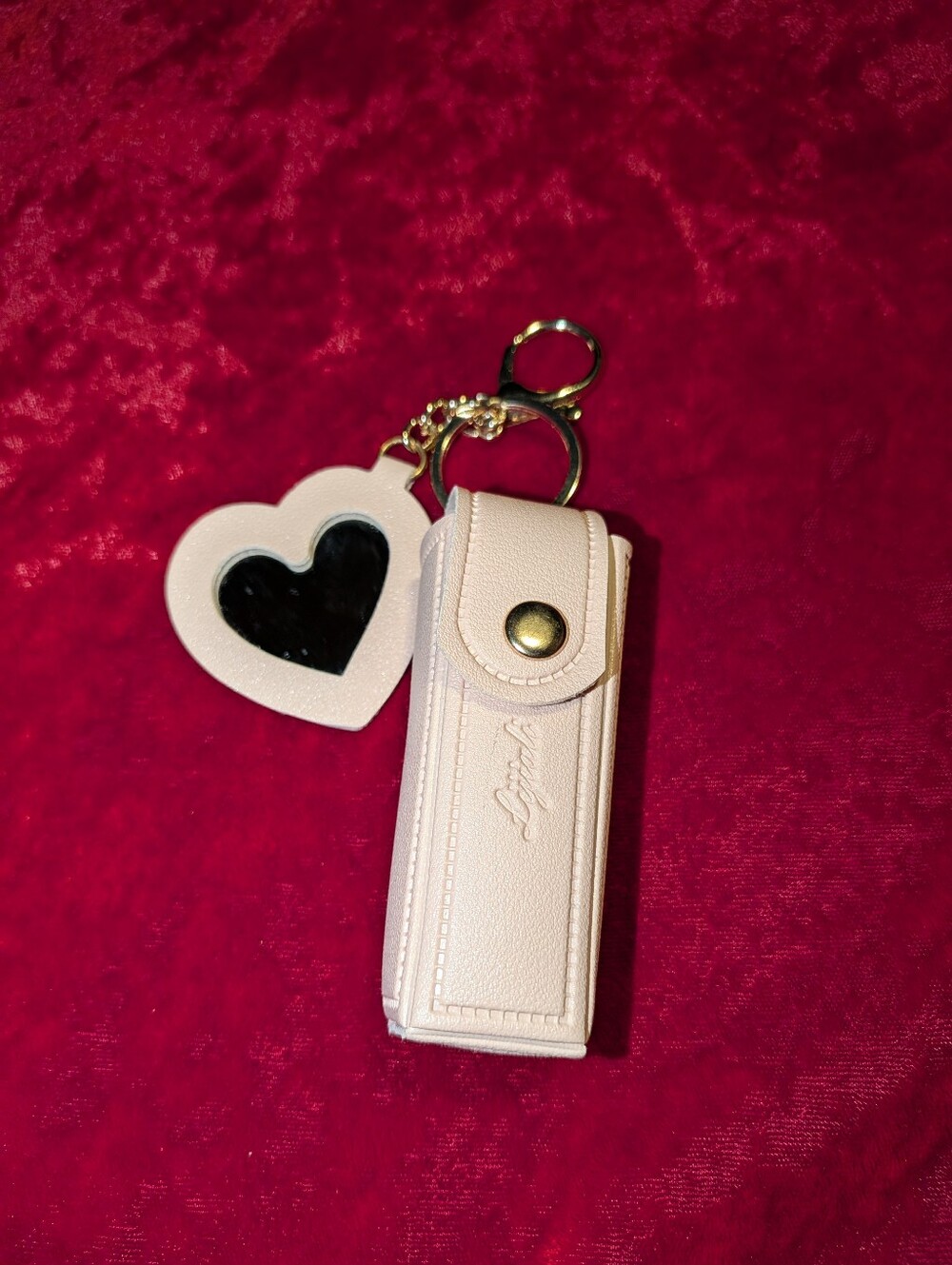 Light Pink Heart Mirror Keychain Lipstick/Card Holder with Gold Hardware